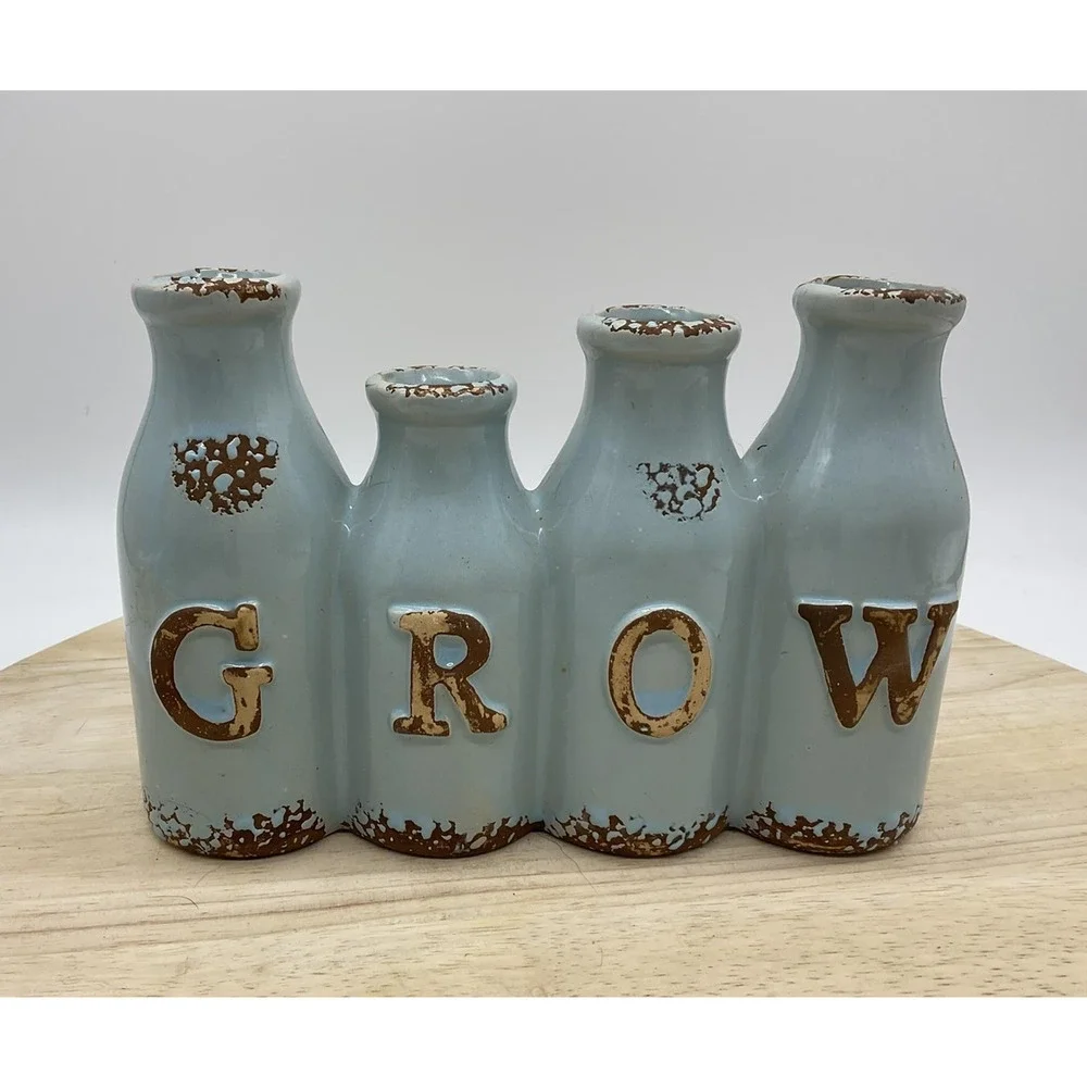 Ceramic‎ GROW Bud Vase Blue Bottle Shape Rustic Farmhouse Floral Decor Tabletop